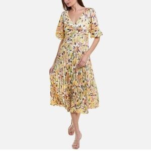 LIKELY Patricia Floral Print Pleated Midi Dress In Ivory Multi
